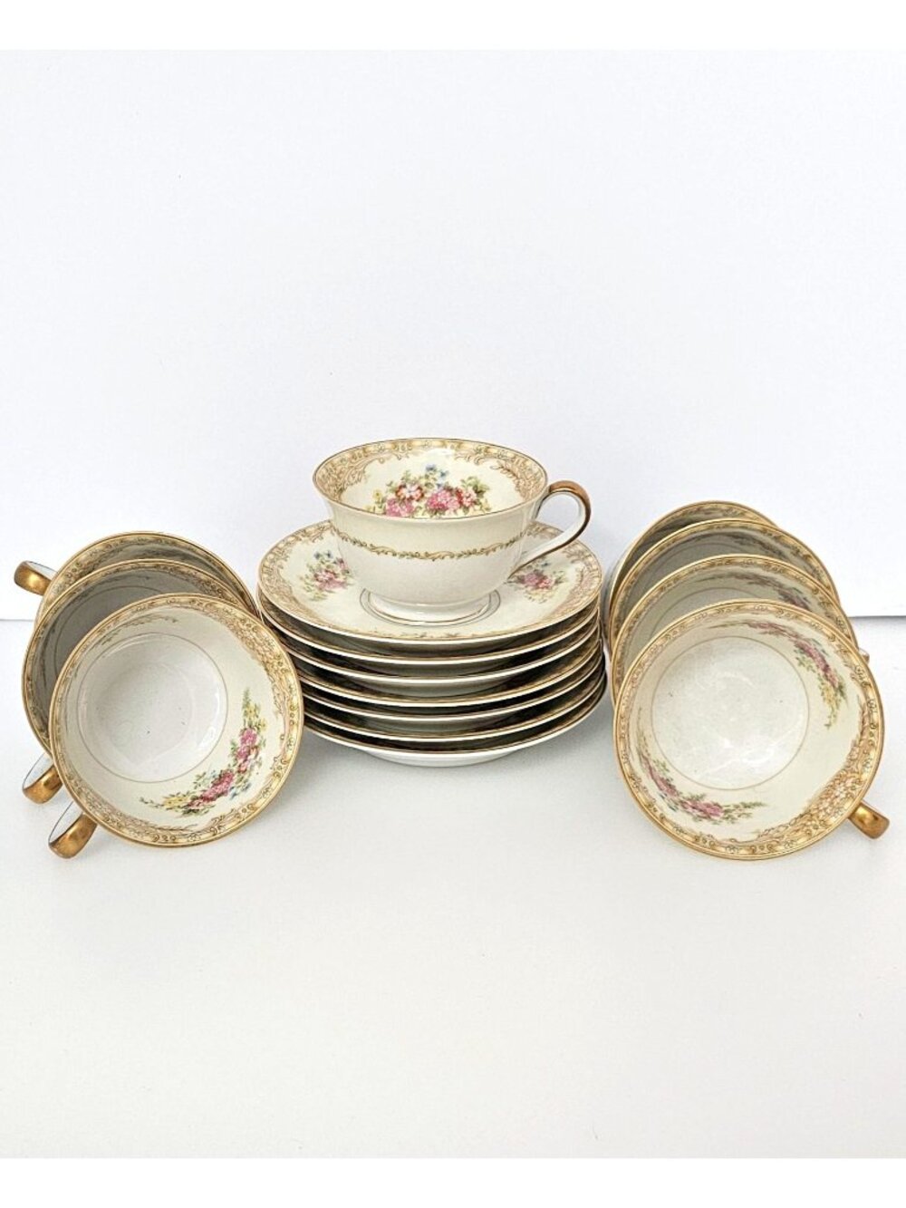 7 Noritake Floral Teacup Saucer Set vintage N4488 gold rim fine porcelain tea cu